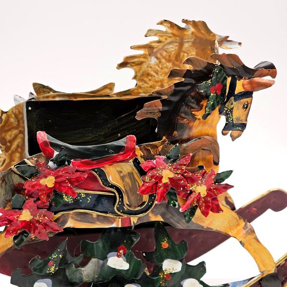 Vintage Metal Rocking Horse Carriage Planter w Poinsettia Accents Holiday Decor - Picture 5 of 10